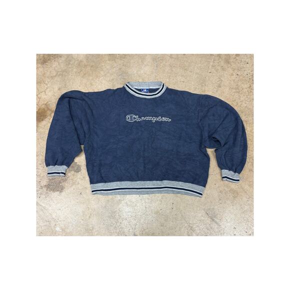 Champion Vintage 90s Reverse Weave Navy Crewneck Cropped Oversized Sweater - Picture 2 of 11